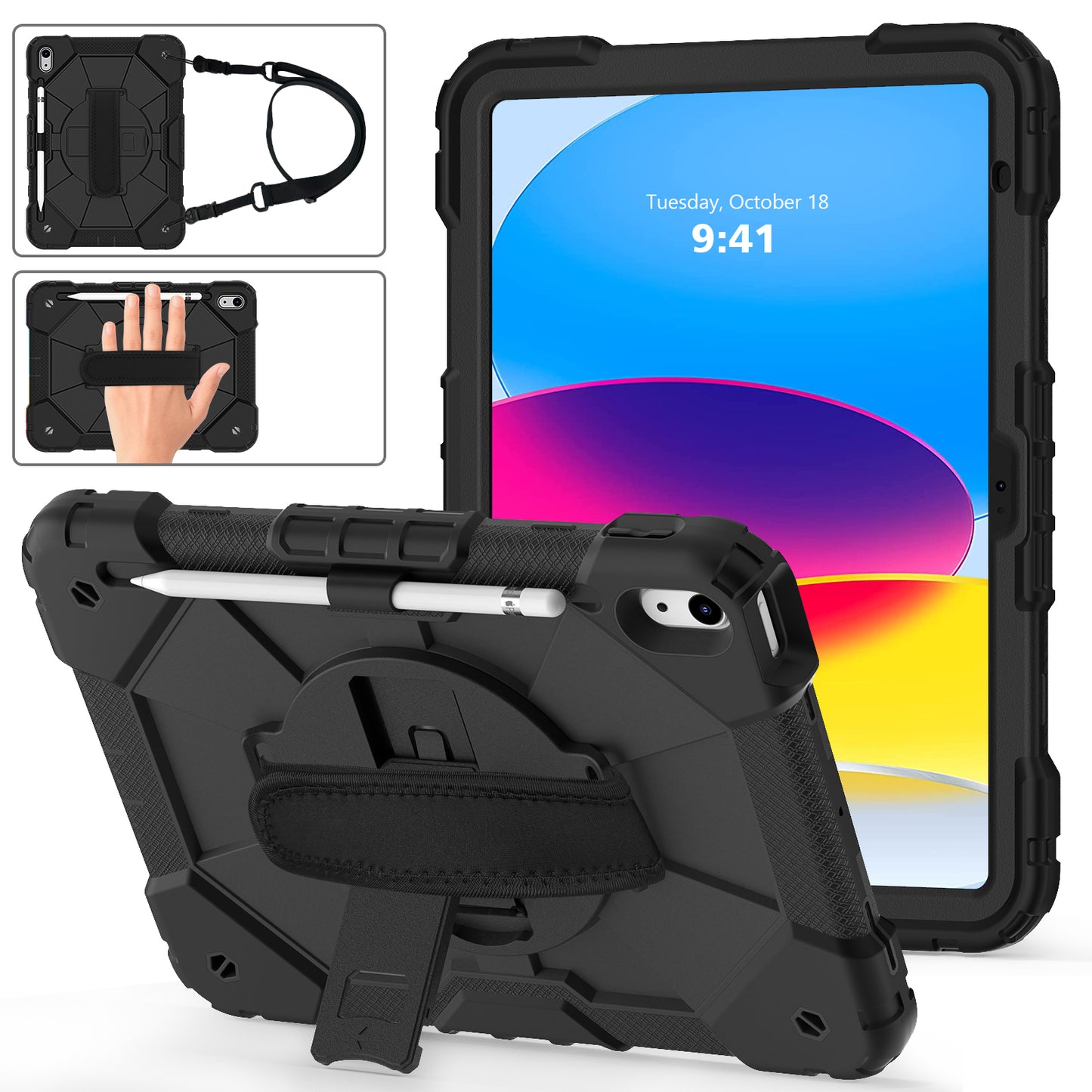 Rugged Rotating iPad 10 Shockproof Case Shoulder Strap Hand Holder 3 in 1 Stand