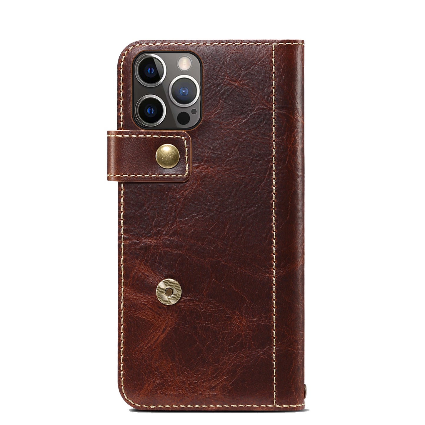 Waxed Cowhide Leather iPhone 13 Pro Max Magnetic Buckle Case Wallet Stand