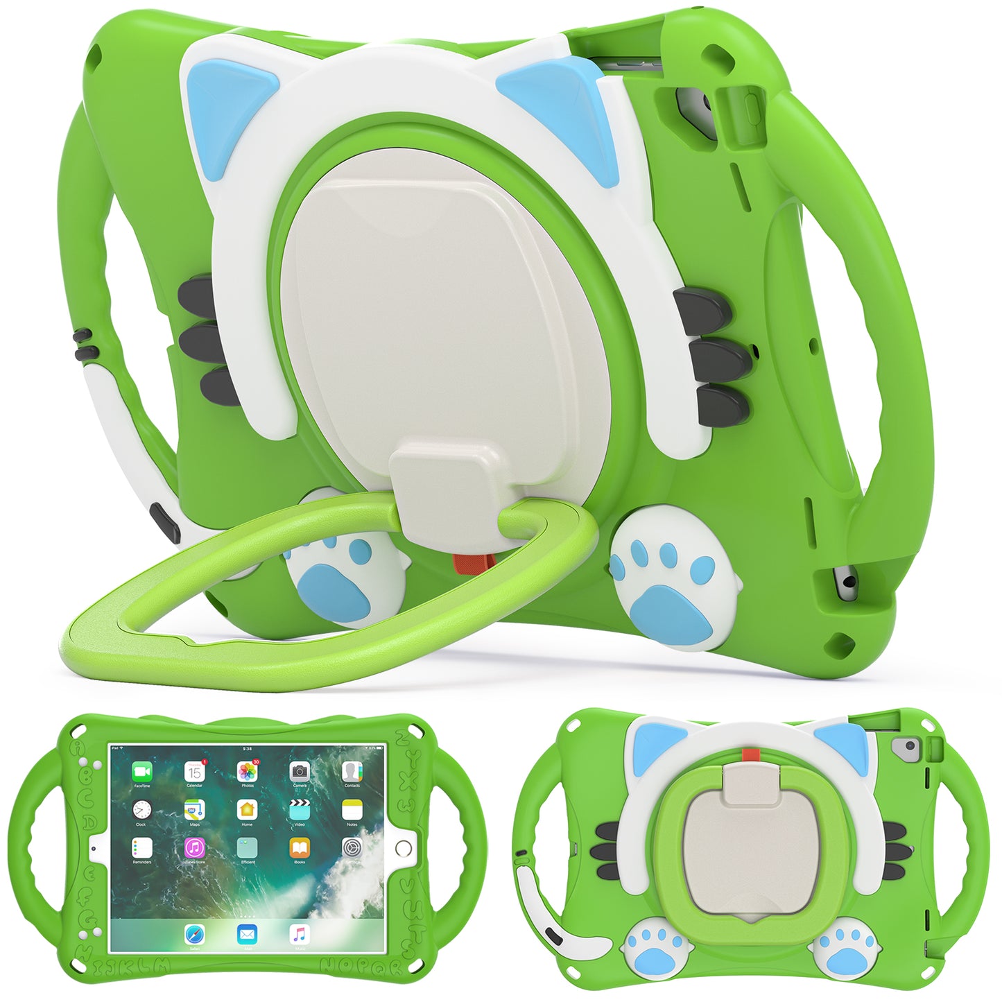 Stereoscopic Cat iPad Air 2 Silicone Case Kids Safe Rotating Folding Handle Grip