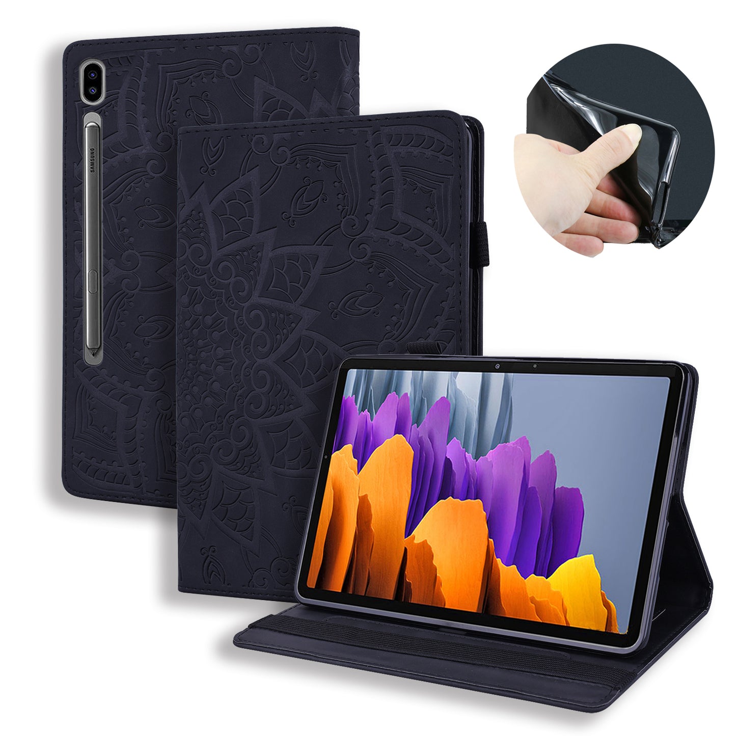 Double Hem Galaxy Tab S9+ Leather Case Embossing Sunflower Wallet Foldable Stand