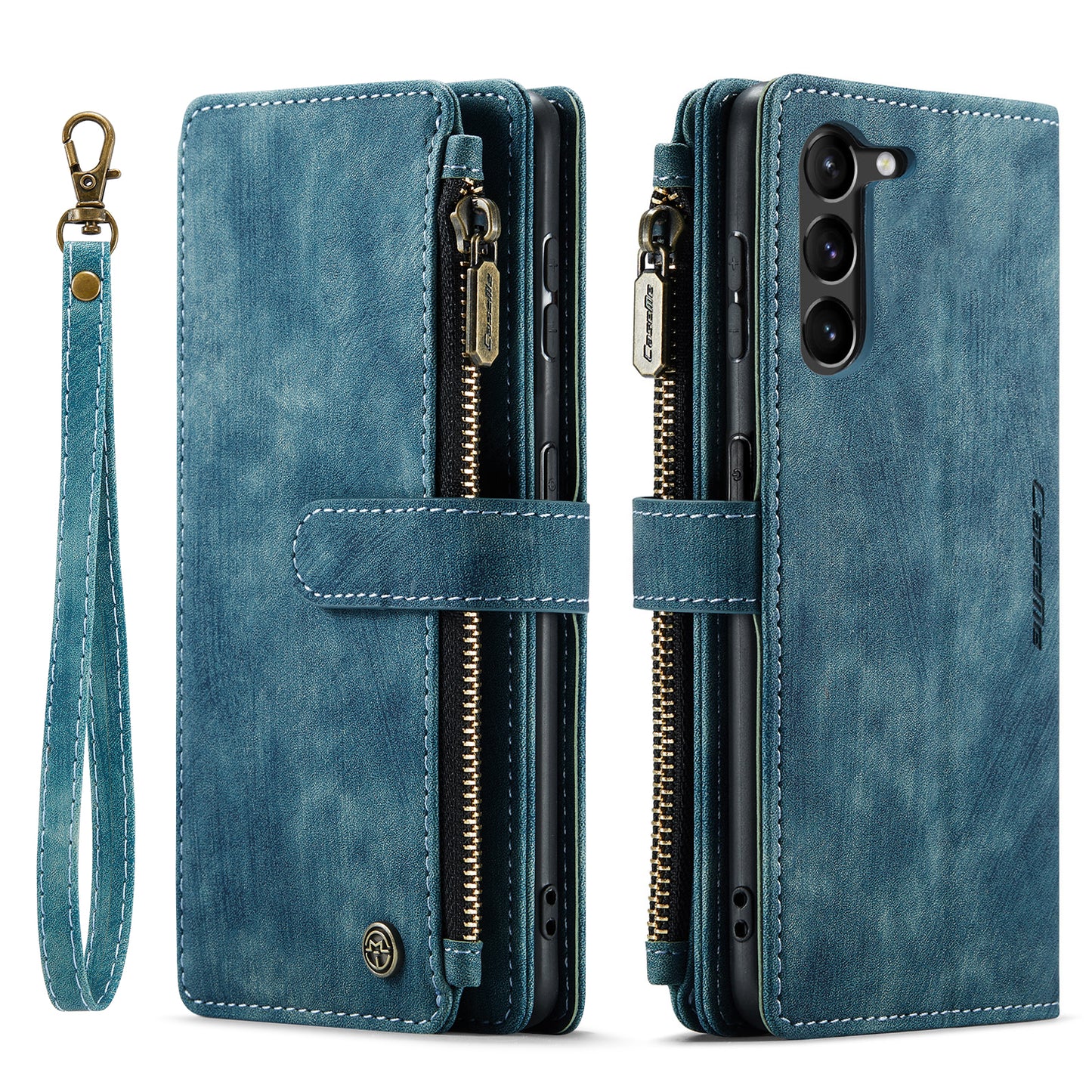 Multi-card Zipper Galaxy S23 Leather Case Double Fold Stand with Hand Strap