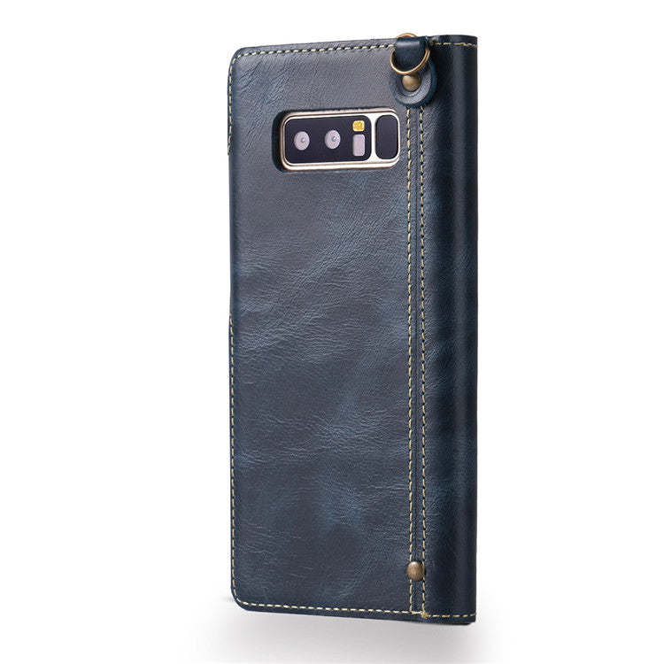 Waxed Cowhide Leather Galaxy Note8 Fastener Case Wallet Stand with Hand Strap