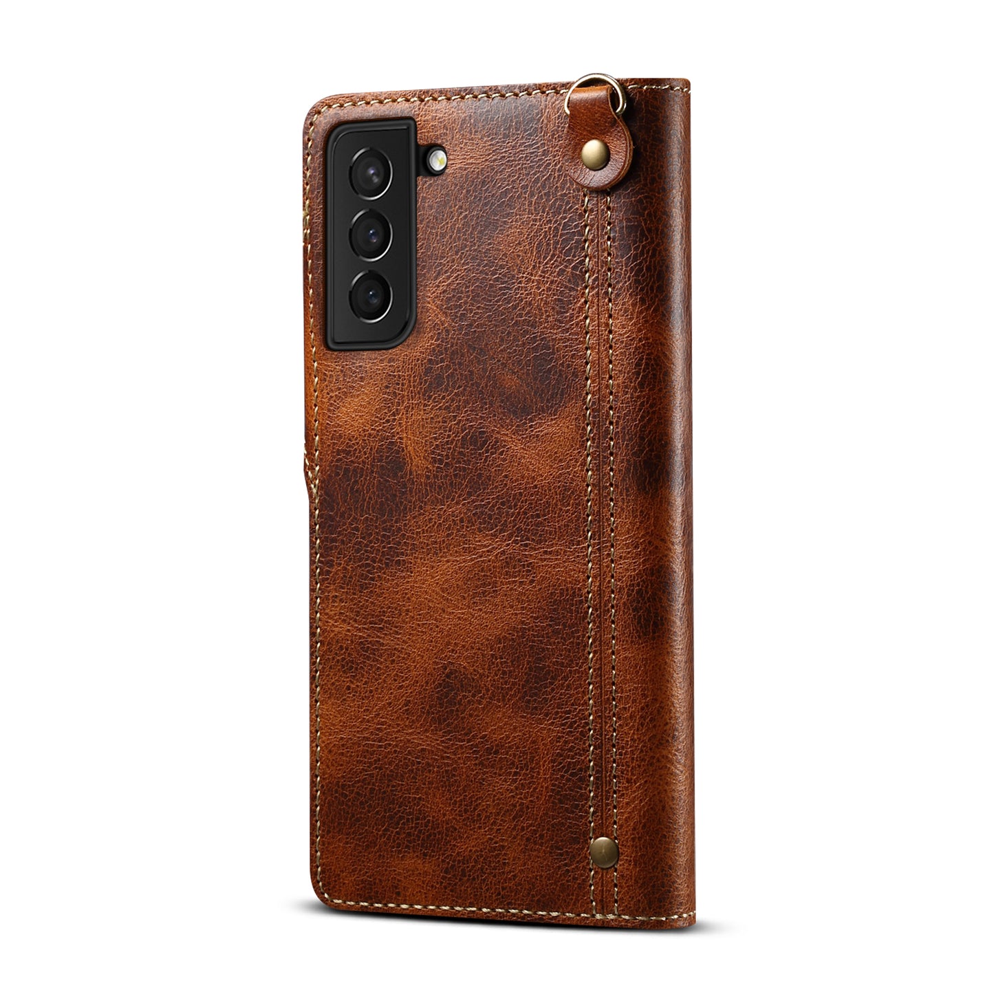 Waxed Cowhide Leather Galaxy S23 Fastener Case Wallet Stand with Hand Strap