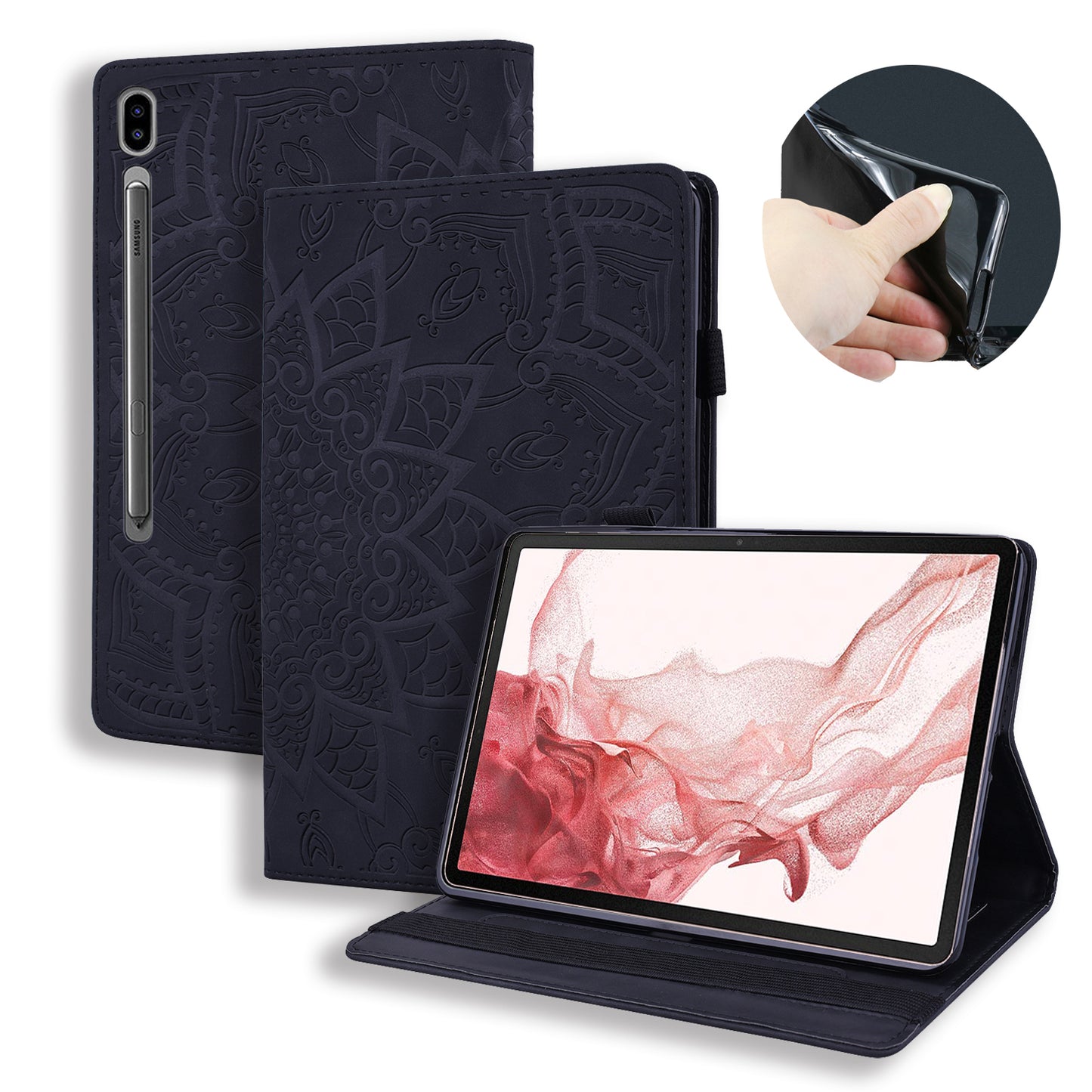 Double Hem Galaxy Tab S8+ Leather Case Embossing Sunflower Wallet Foldable Stand