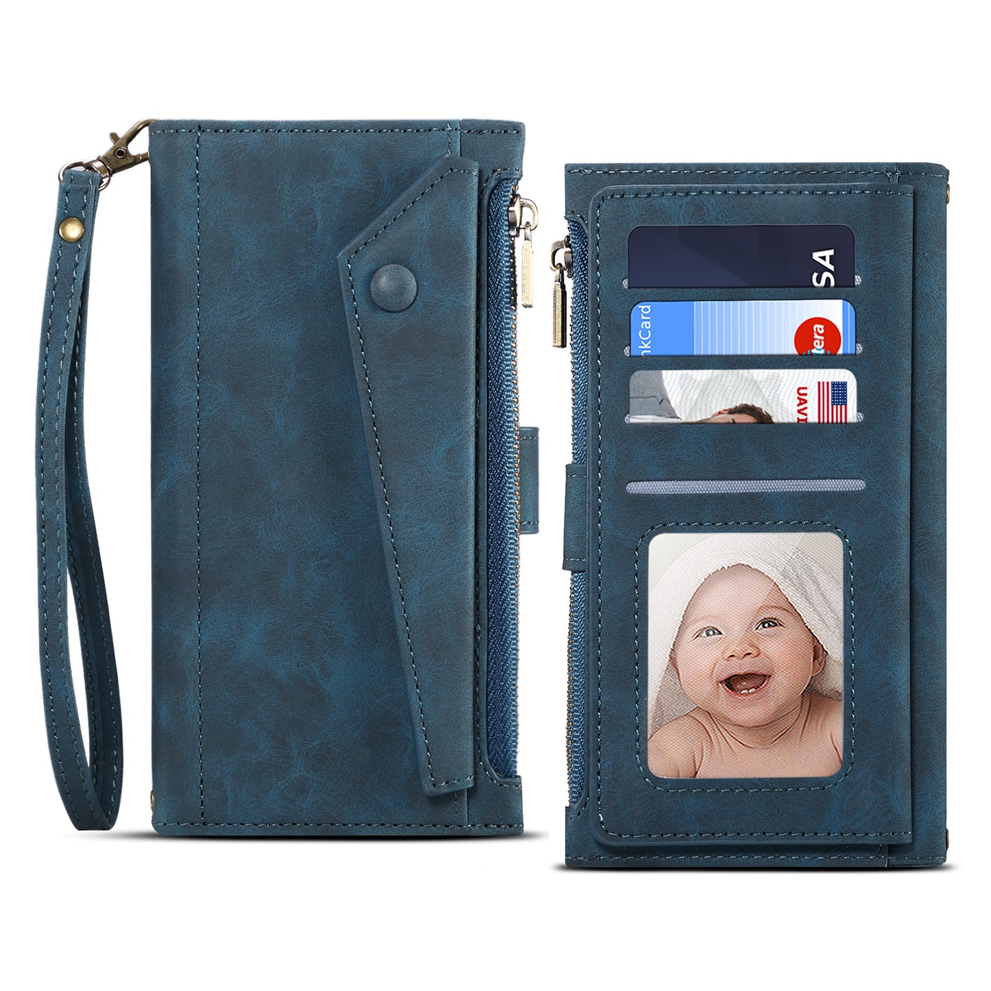 Ocean Stars Galaxy S21 Ultra Leather Case Multi-function Zipper Wallet Stand with Hand Strap