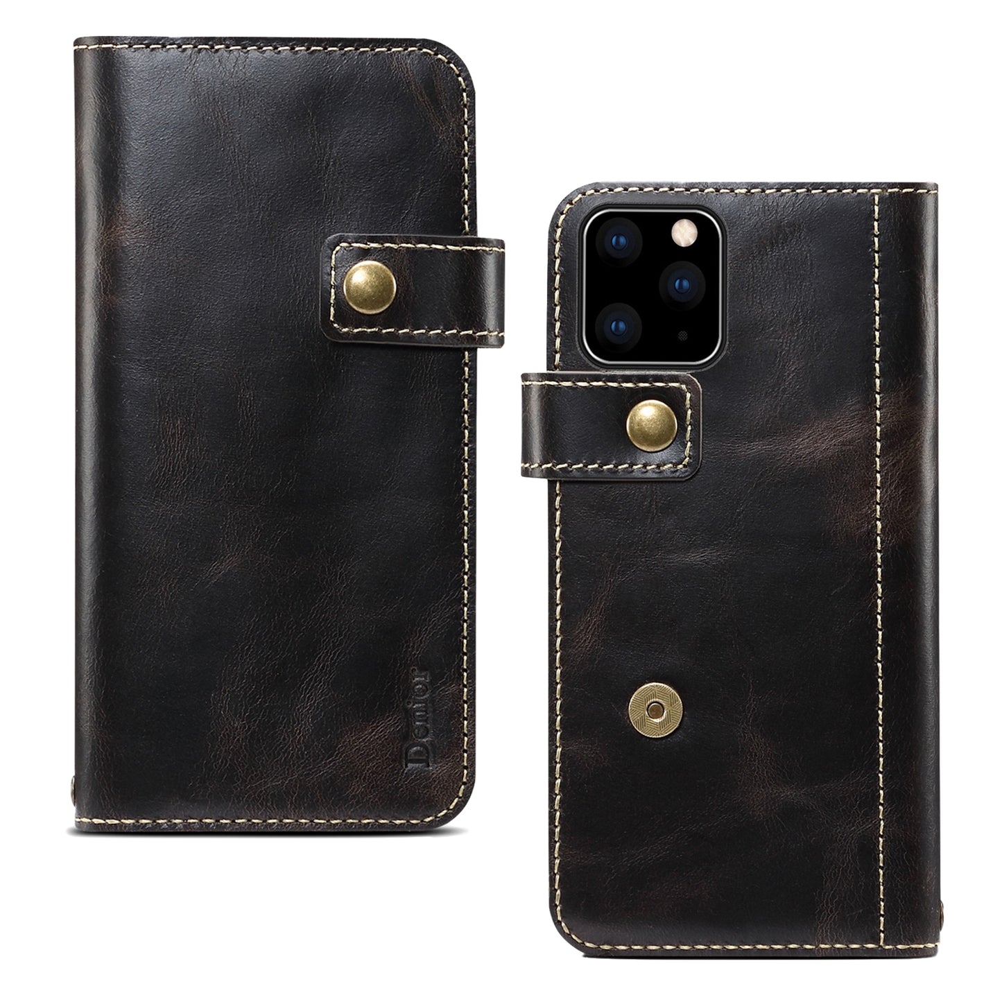 Waxed Cowhide Leather iPhone 11 Pro Magnetic Buckle Case Wallet Stand