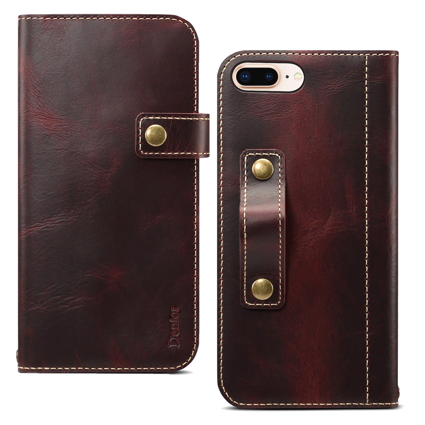 Waxed Cowhide Leather iPhone 8 Plus Magnetic Buckle Case Wallet Stand