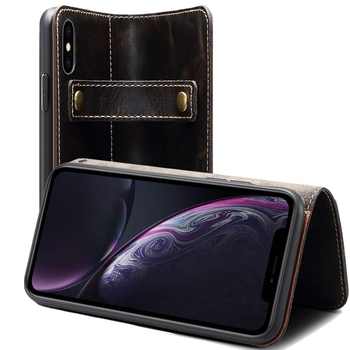 Waxed Cowhide Leather iPhone Xs Max Magnetic Buckle Case Wallet Stand