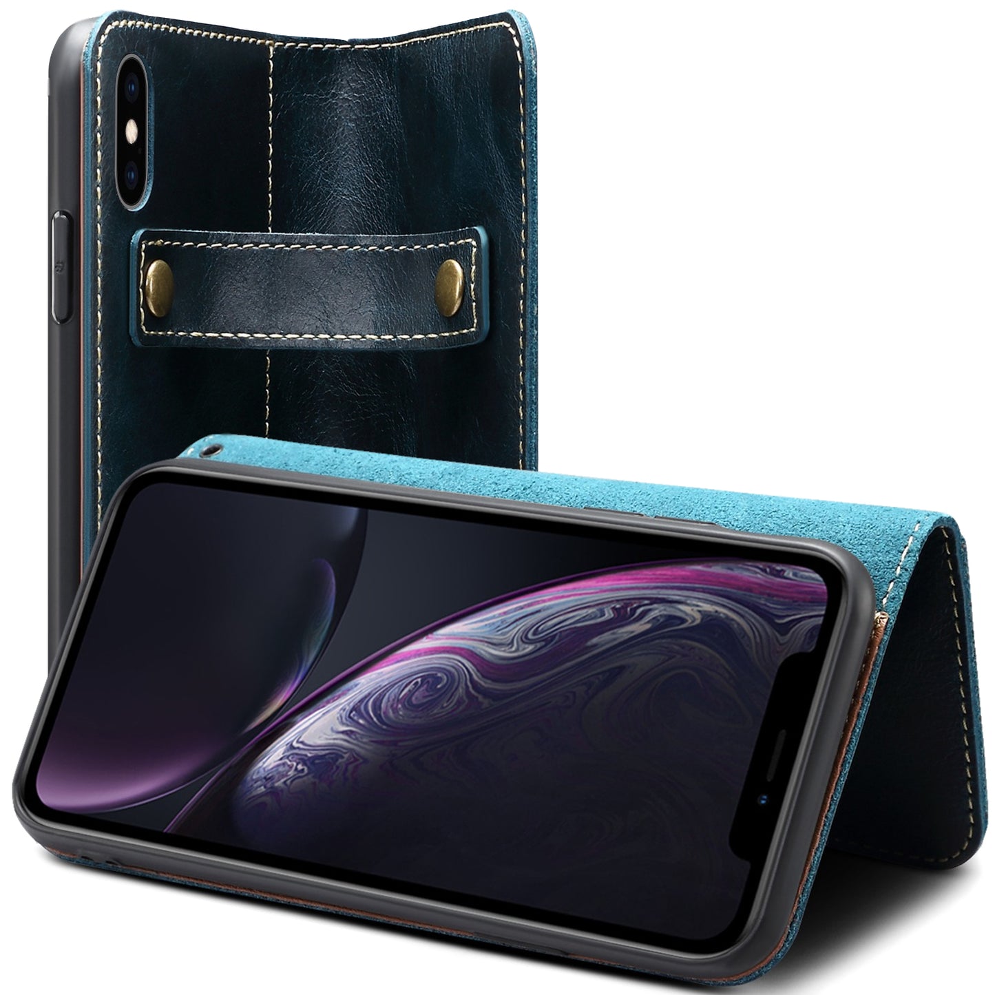 Waxed Cowhide Leather iPhone Xs Max Magnetic Buckle Case Wallet Stand