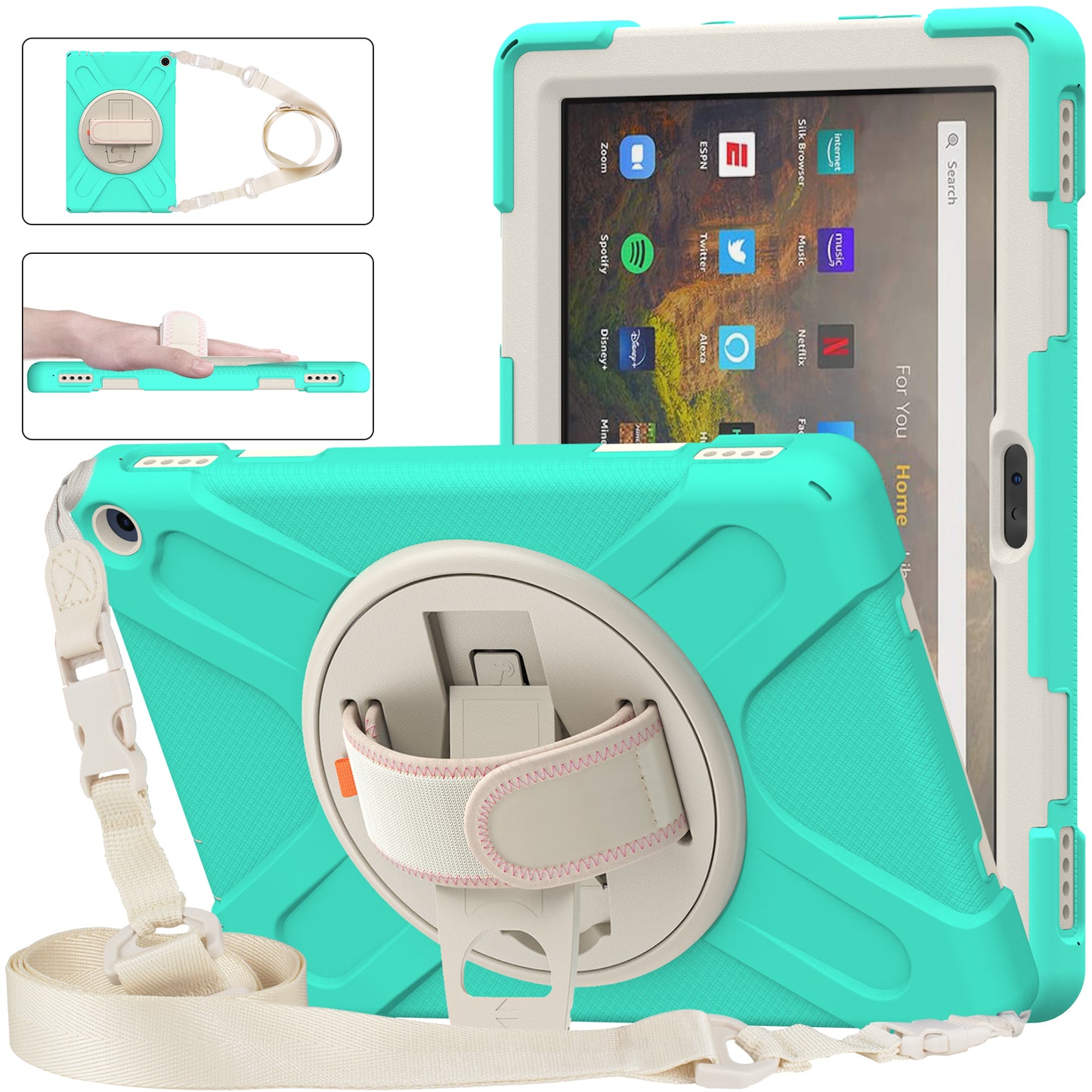 Pirate King Amazon Kindle Fire HD 10 Plus (2021) Case 360 Rotating Stand with Hand Holder Shoulder Strap