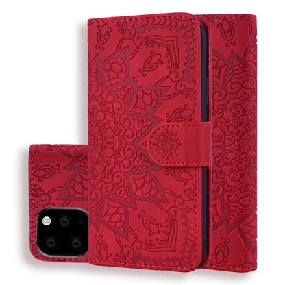 Double Hem iPhone 11 Pro Max Leather Case Embossing Sunflower Wallet Foldable Stand