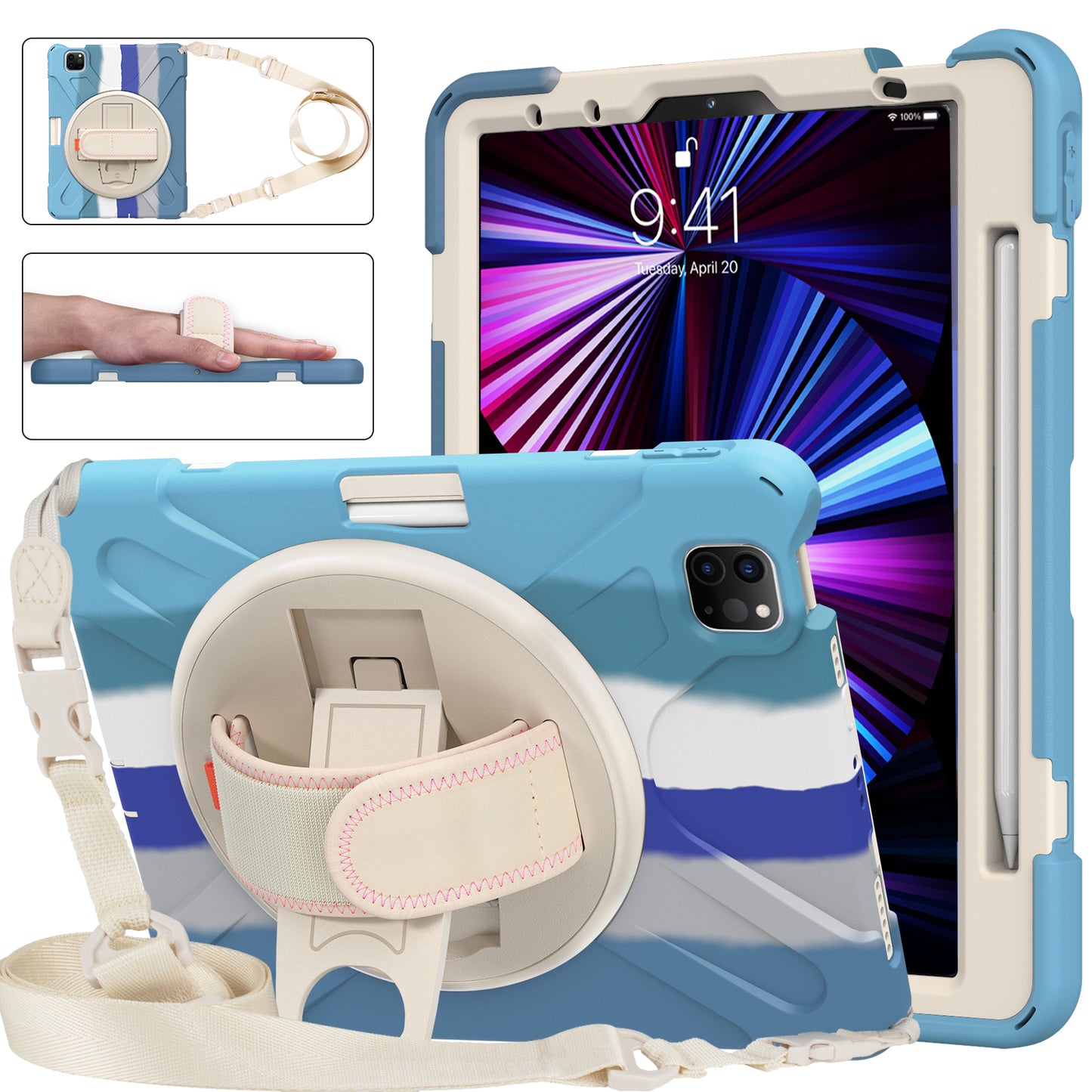 Pirate King iPad Pro 11 (2018) Case 360 Rotating Stand with Hand Holder Shoulder Strap