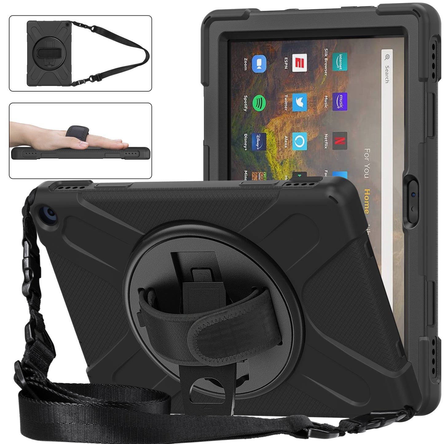 Pirate King Amazon Kindle Fire HD 10 Plus (2021) Case 360 Rotating Stand with Hand Holder Shoulder Strap