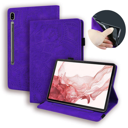 Double Hem Galaxy Tab S8 Leather Case Embossing Sunflower Wallet Foldable Stand