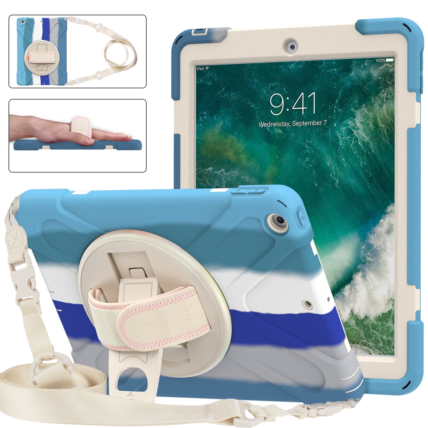 Pirate King iPad 5 Case 360 Rotating Stand with Hand Holder Shoulder Strap