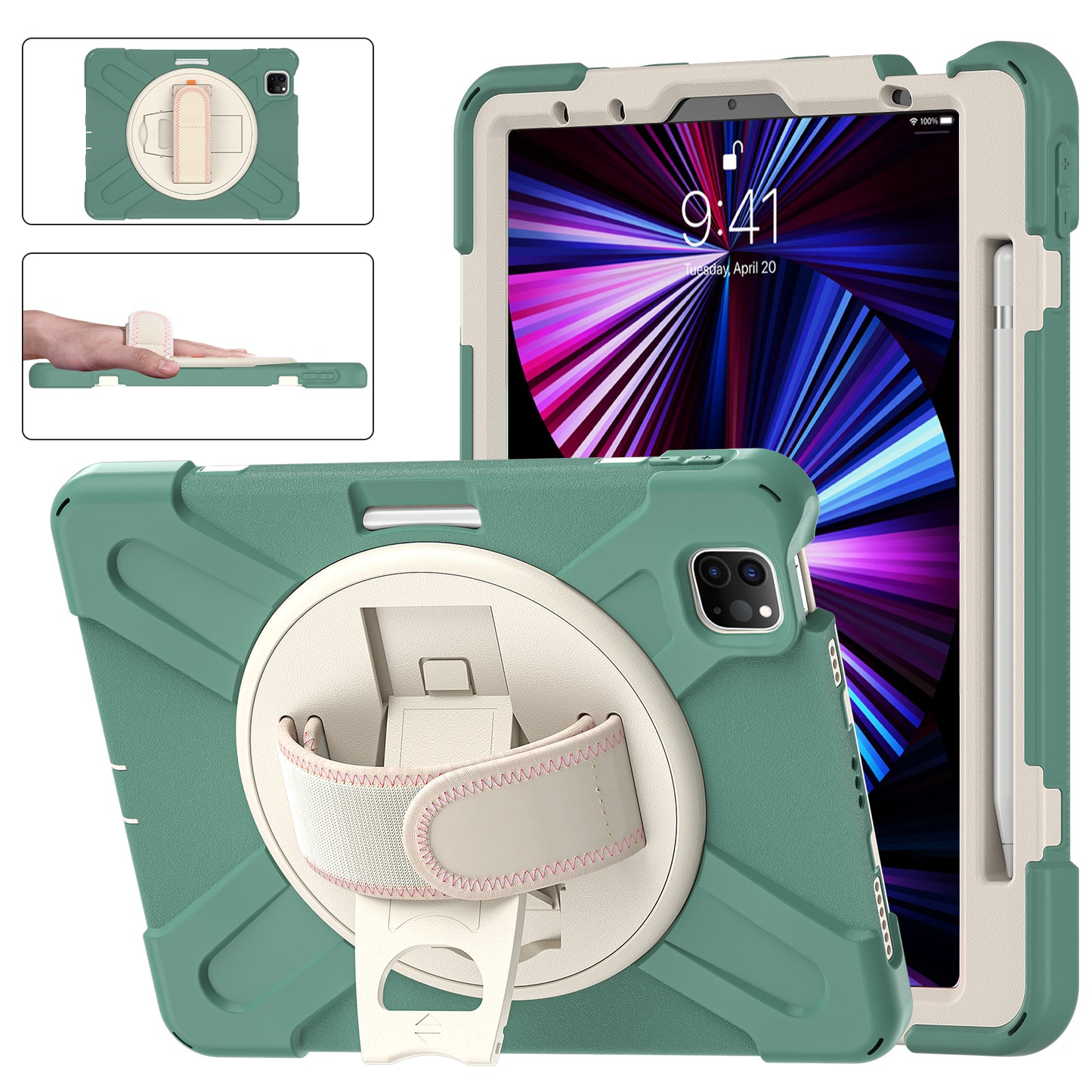 Pirate King iPad Pro 11 (2021) Case 360 Rotating Stand with Hand Holder Shoulder Strap