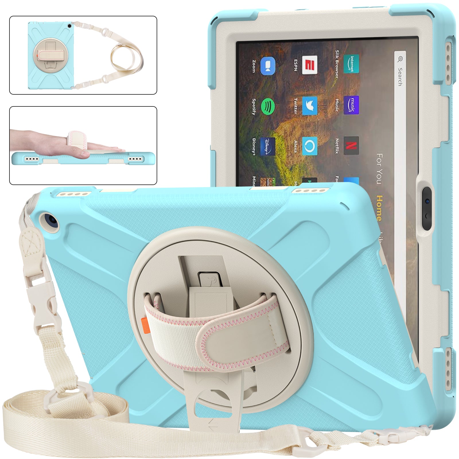 Pirate King Amazon Kindle Fire HD 10 Plus (2021) Case 360 Rotating Stand with Hand Holder Shoulder Strap