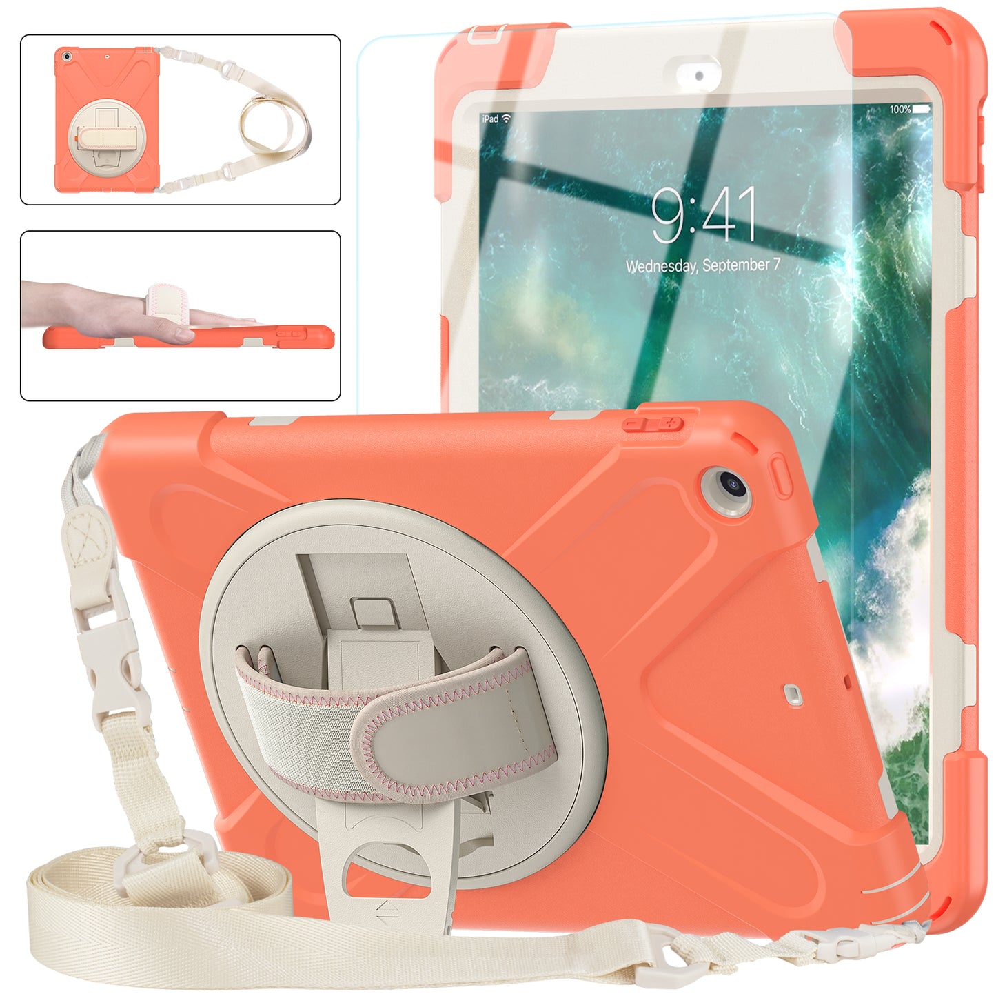 Pirate King iPad 5 Case 360 Rotating Stand with Hand Holder Shoulder Strap