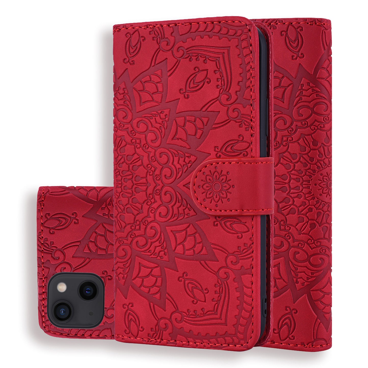 Double Hem iPhone 13 Leather Case Embossing Sunflower Wallet Foldable Stand