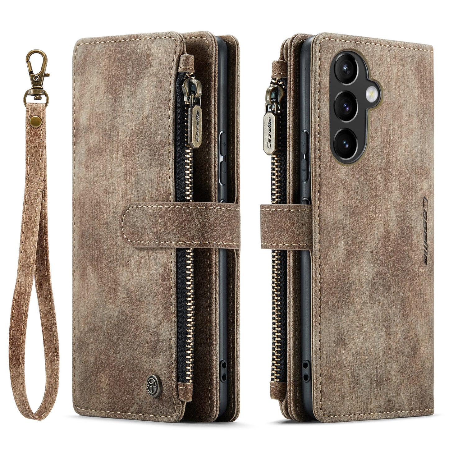Multi-card Zipper Galaxy A54 Leather Case Double Fold Stand with Hand Strap