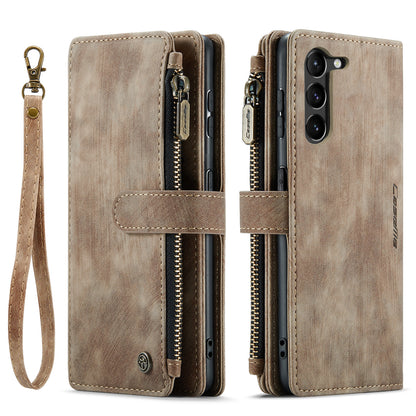 Multi-card Zipper Galaxy S23 Leather Case Double Fold Stand with Hand Strap