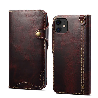 Waxed Cowhide Leather iPhone 12 Mini Fastener Case Wallet Stand with Hand Strap