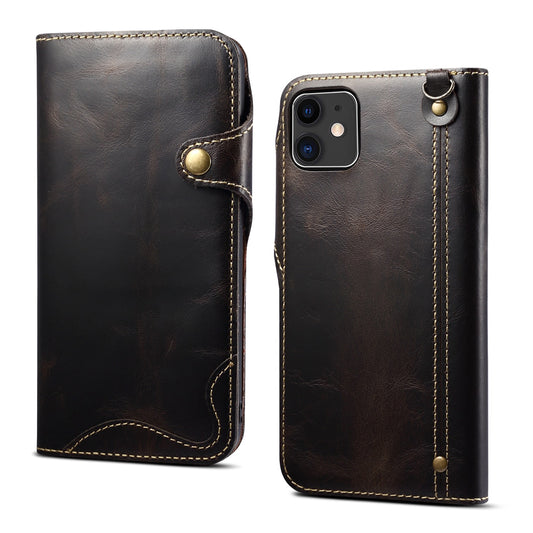 Waxed Cowhide Leather iPhone 11 Pro Fastener Case Wallet Stand with Hand Strap