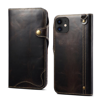 Waxed Cowhide Leather iPhone 12 Mini Fastener Case Wallet Stand with Hand Strap