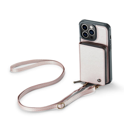 Double Lanyard Card Zipper iPhone 13 Pro Max Leather Cover RFID Anti-lost Strap