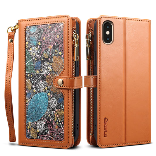 8 Card Slots Astral iPhone XR Leather Case Multi-function Zipper Pouch Strap