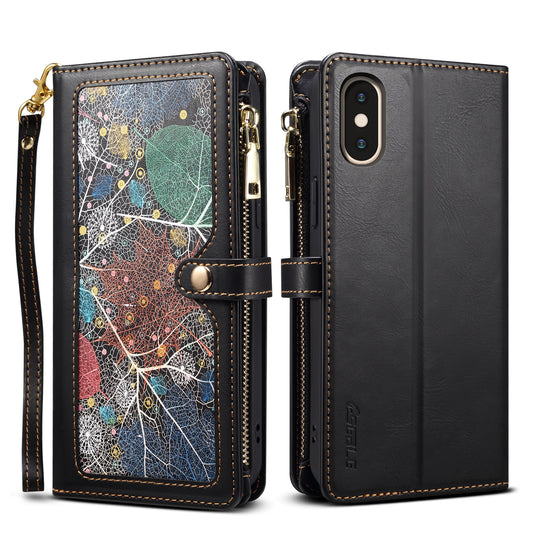 8 Card Slots Astral iPhone X Xs Leather Case Multi-function Zipper Pouch Strap