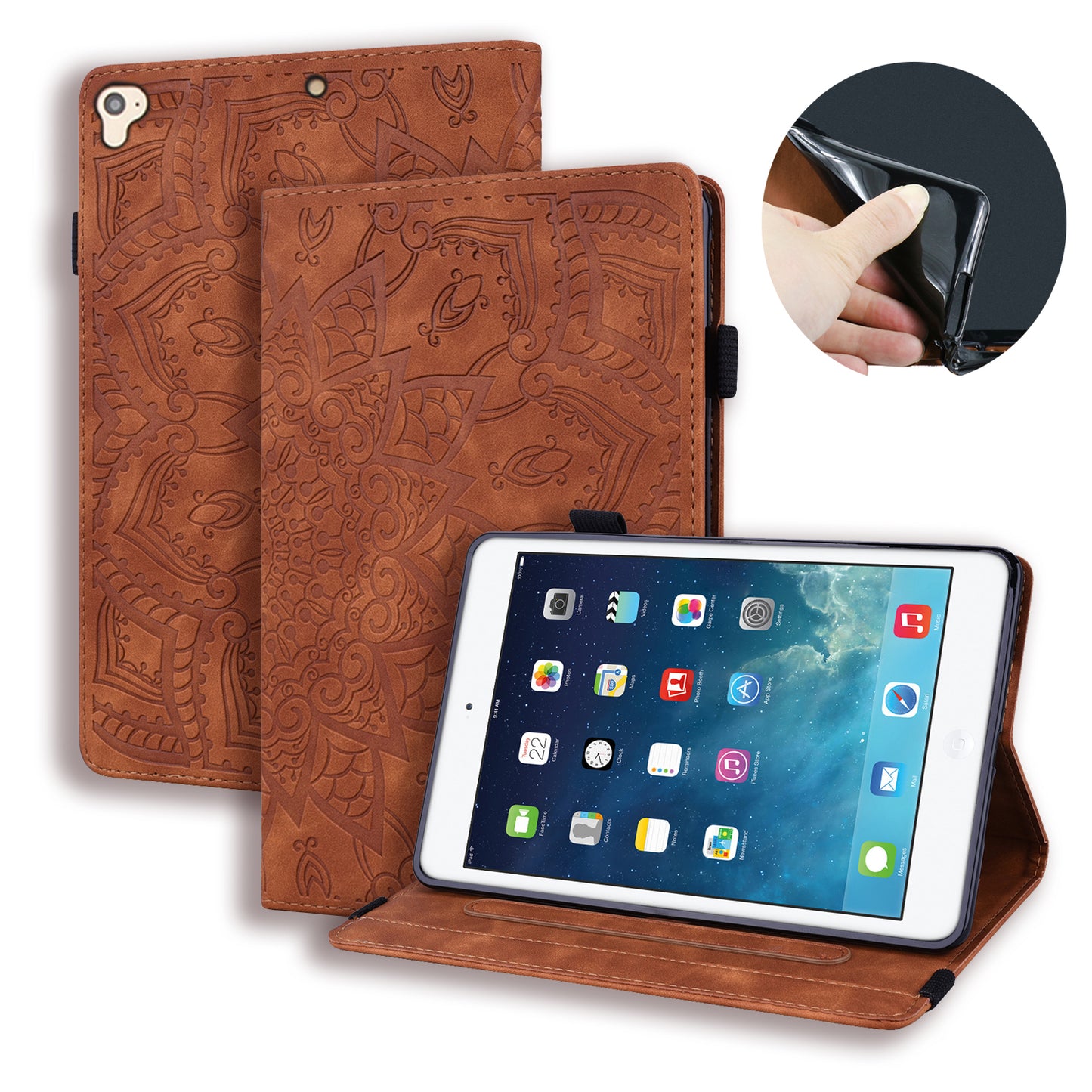 Double Hem iPad 5 Leather Case Embossing Sunflower Wallet Foldable Stand