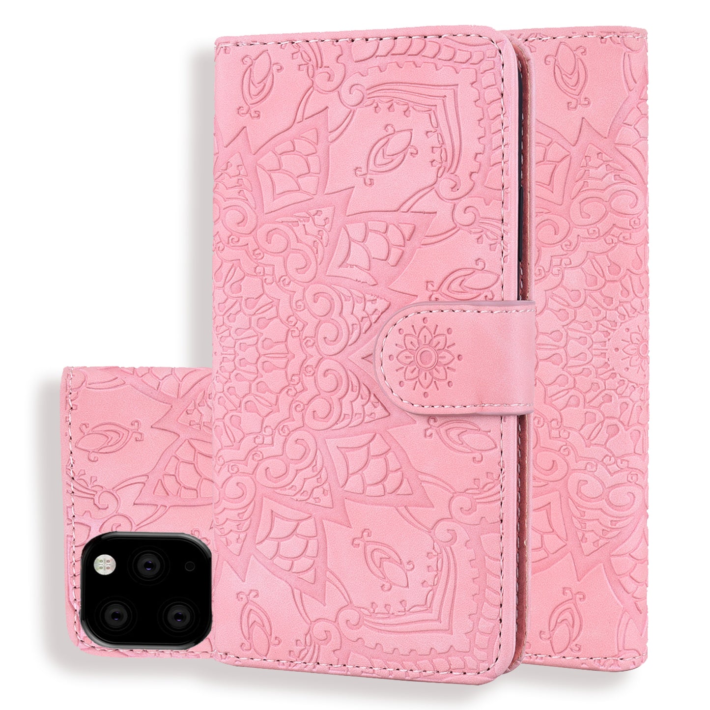 Double Hem iPhone 11 Pro Leather Case Embossing Sunflower Wallet Foldable Stand