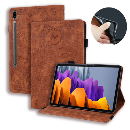 Double Hem Galaxy Tab S9+ Leather Case Embossing Sunflower Wallet Foldable Stand