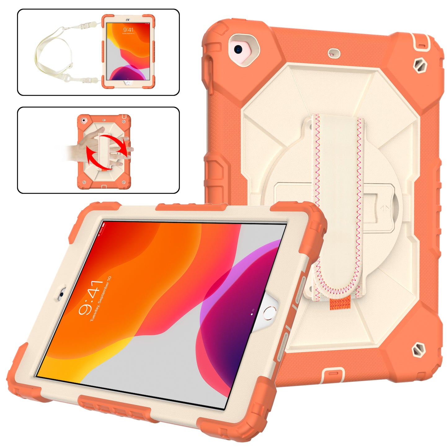 Rugged Rotating iPad 7 Shockproof Case Shoulder Strap Hand Holder 3 in 1 Stand