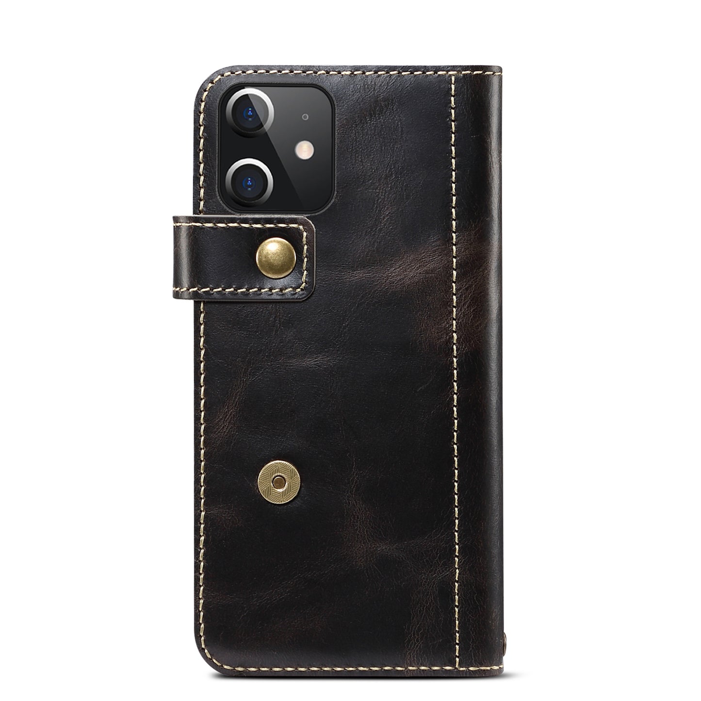 Waxed Cowhide Leather iPhone 12 Mini Magnetic Buckle Case Wallet Stand