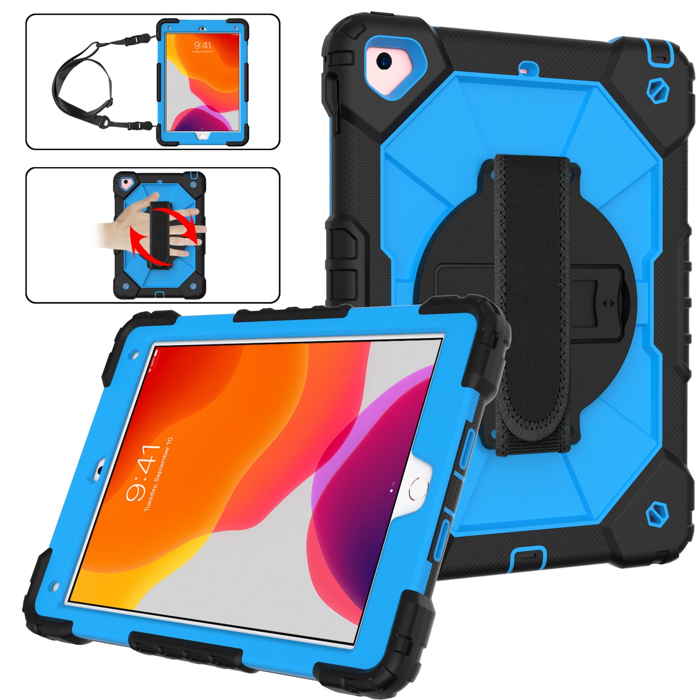 Rugged Rotating iPad 5 Shockproof Case Shoulder Strap Hand Holder 3 in 1 Stand