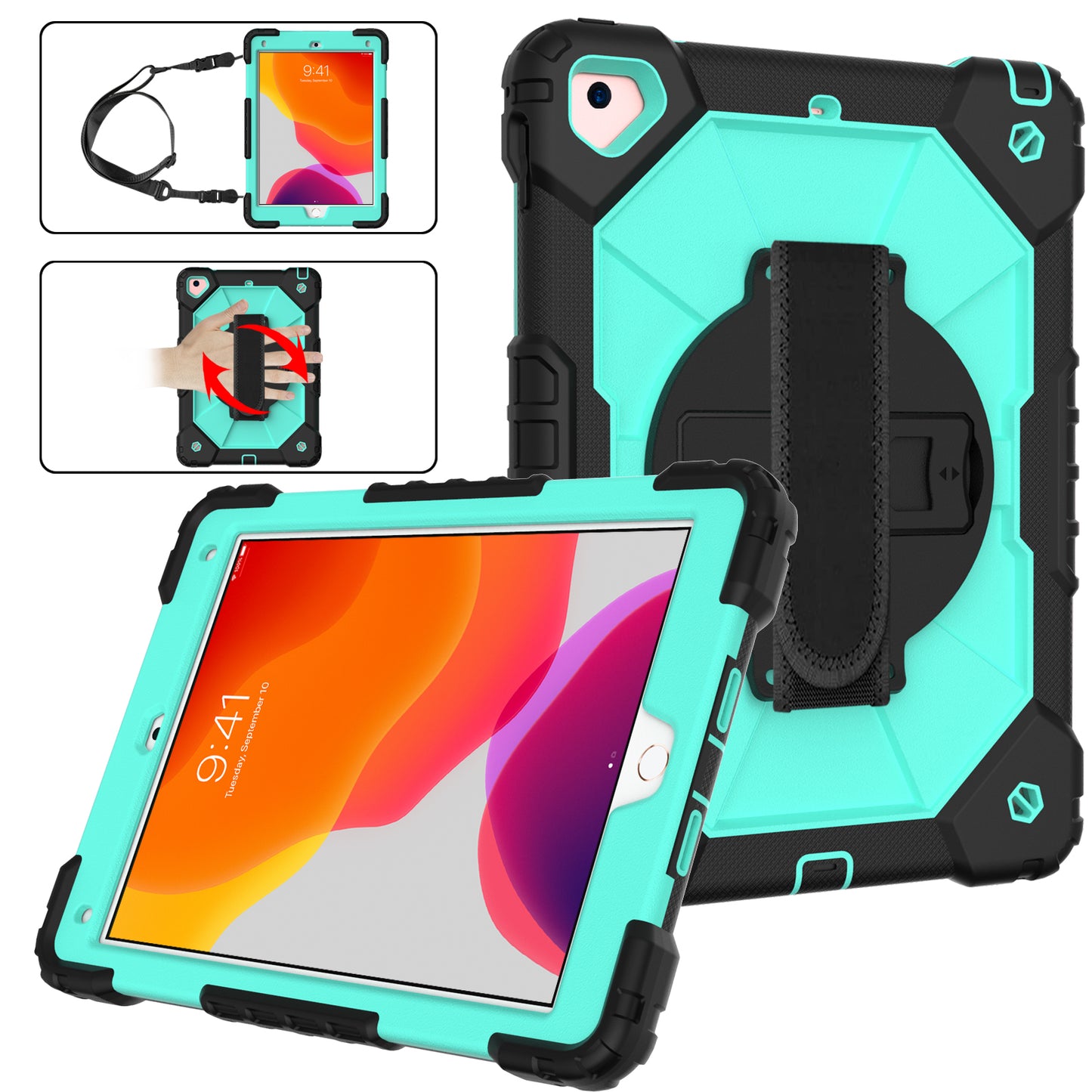 Rugged Rotating iPad 5 Shockproof Case Shoulder Strap Hand Holder 3 in 1 Stand