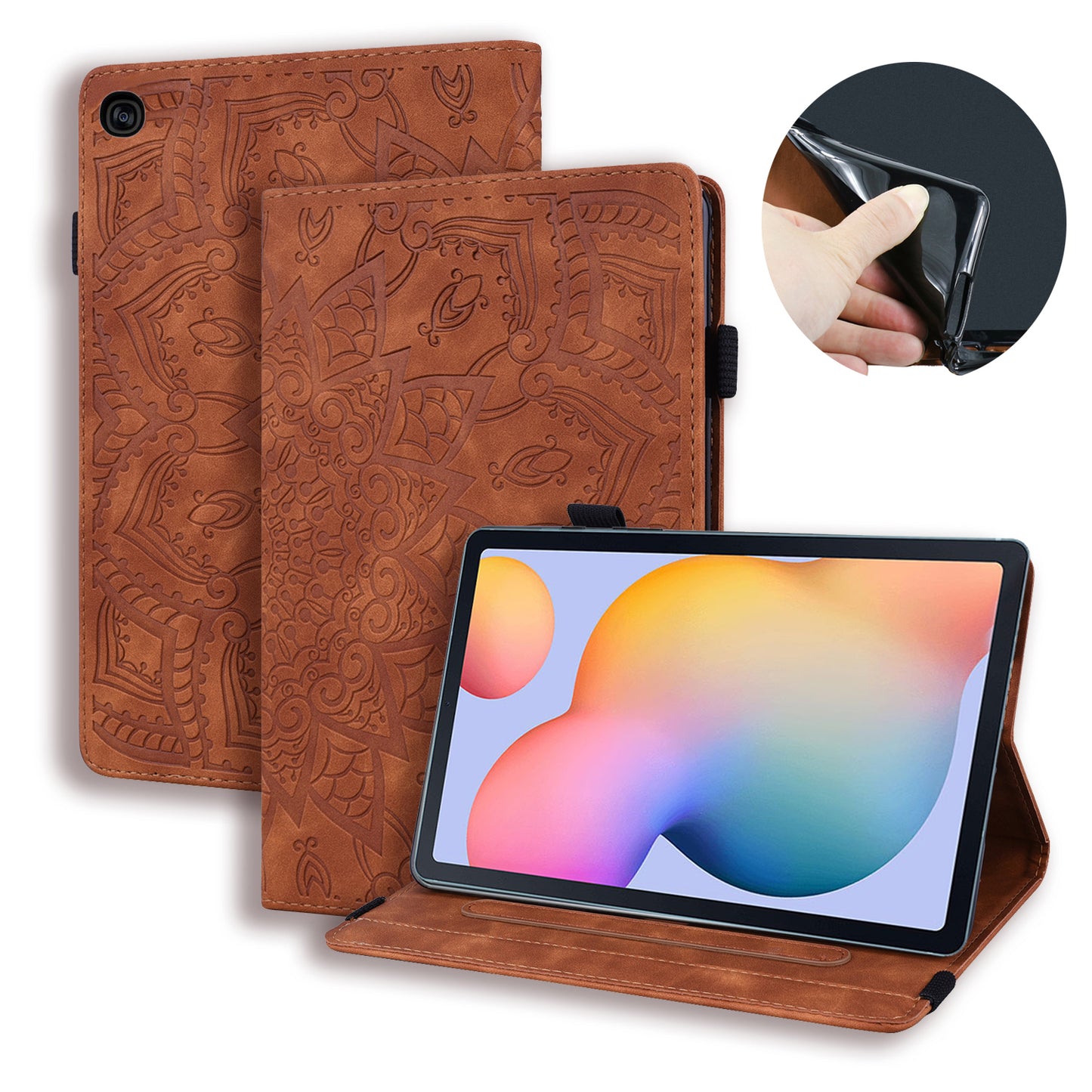 Double Hem Galaxy Tab S6 Lite Leather Case Embossing Sunflower Wallet Foldable Stand