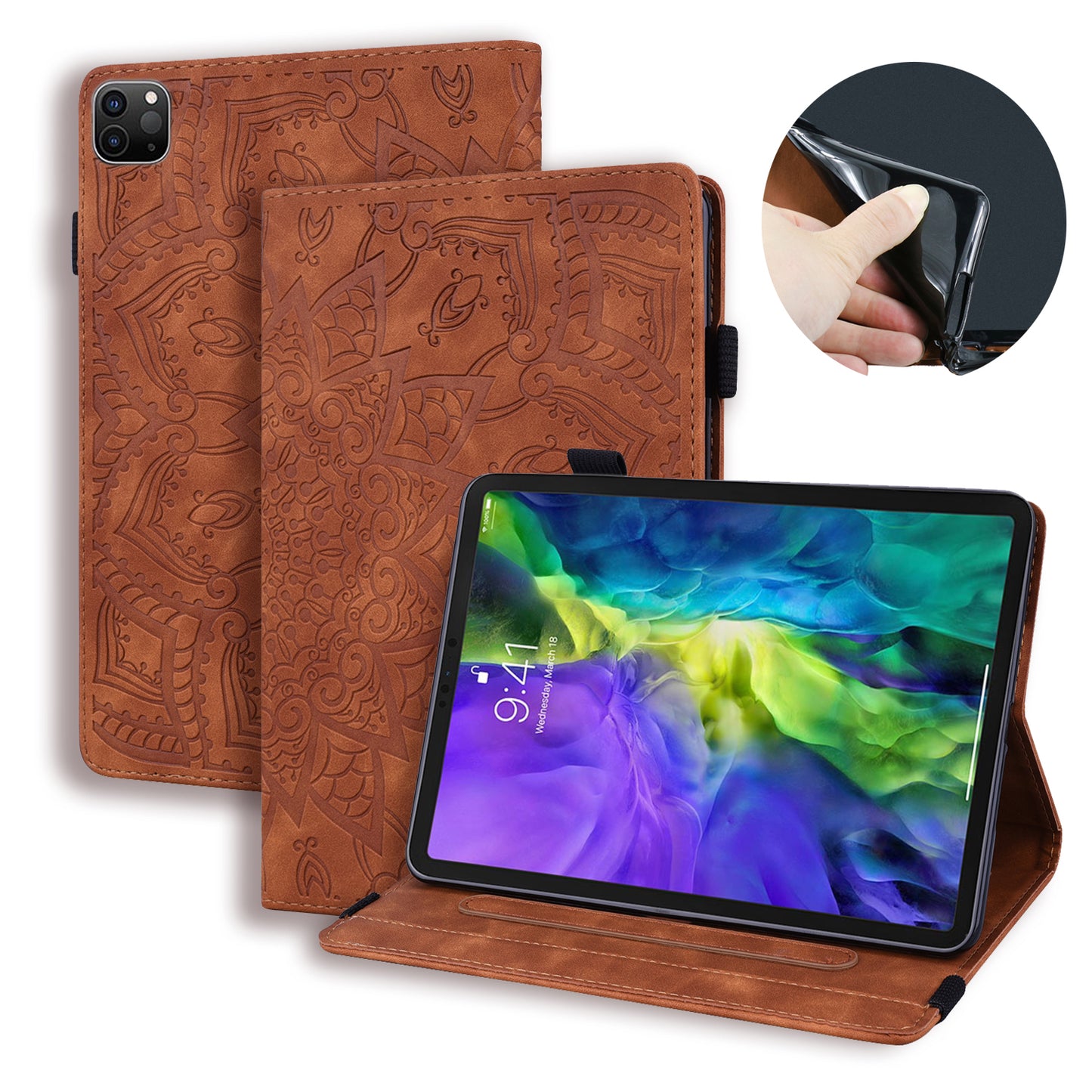 Double Hem iPad Pro 12.9 (2020) Leather Case Embossing Sunflower Wallet Foldable Stand