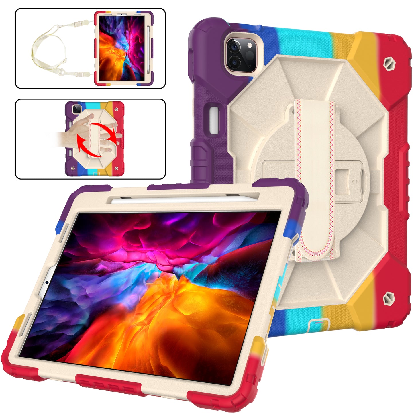 Rugged Rotating iPad Air 4 Shockproof Case Shoulder Strap Hand Holder 3 in 1 Stand