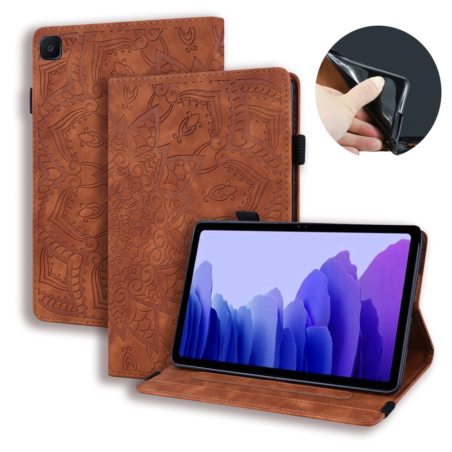 Double Hem Galaxy Tab A7 Leather Case Embossing Sunflower Wallet Foldable Stand