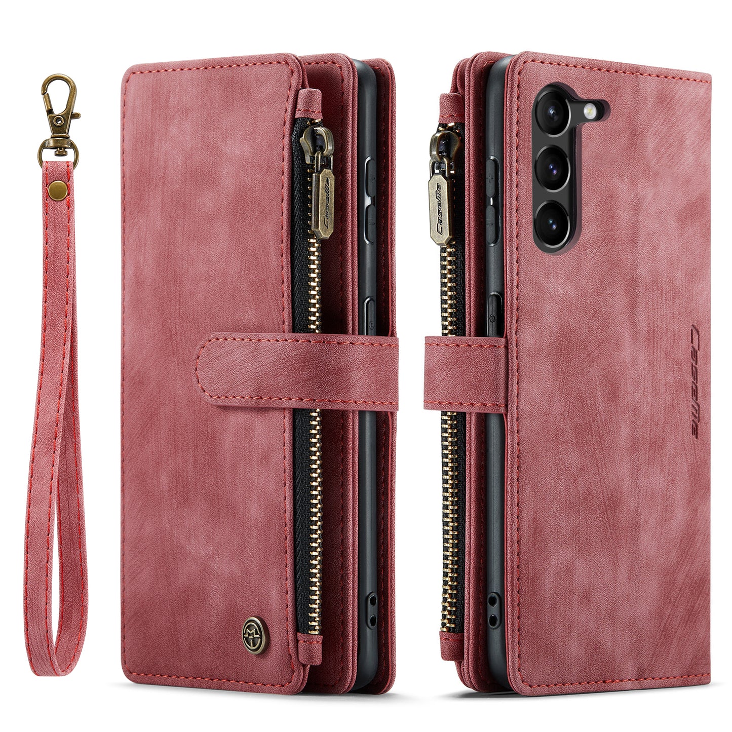 Multi-card Zipper Galaxy S23 Leather Case Double Fold Stand with Hand Strap