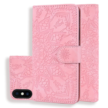 Double Hem iPhone Xs Max Leather Case Embossing Sunflower Wallet Foldable Stand