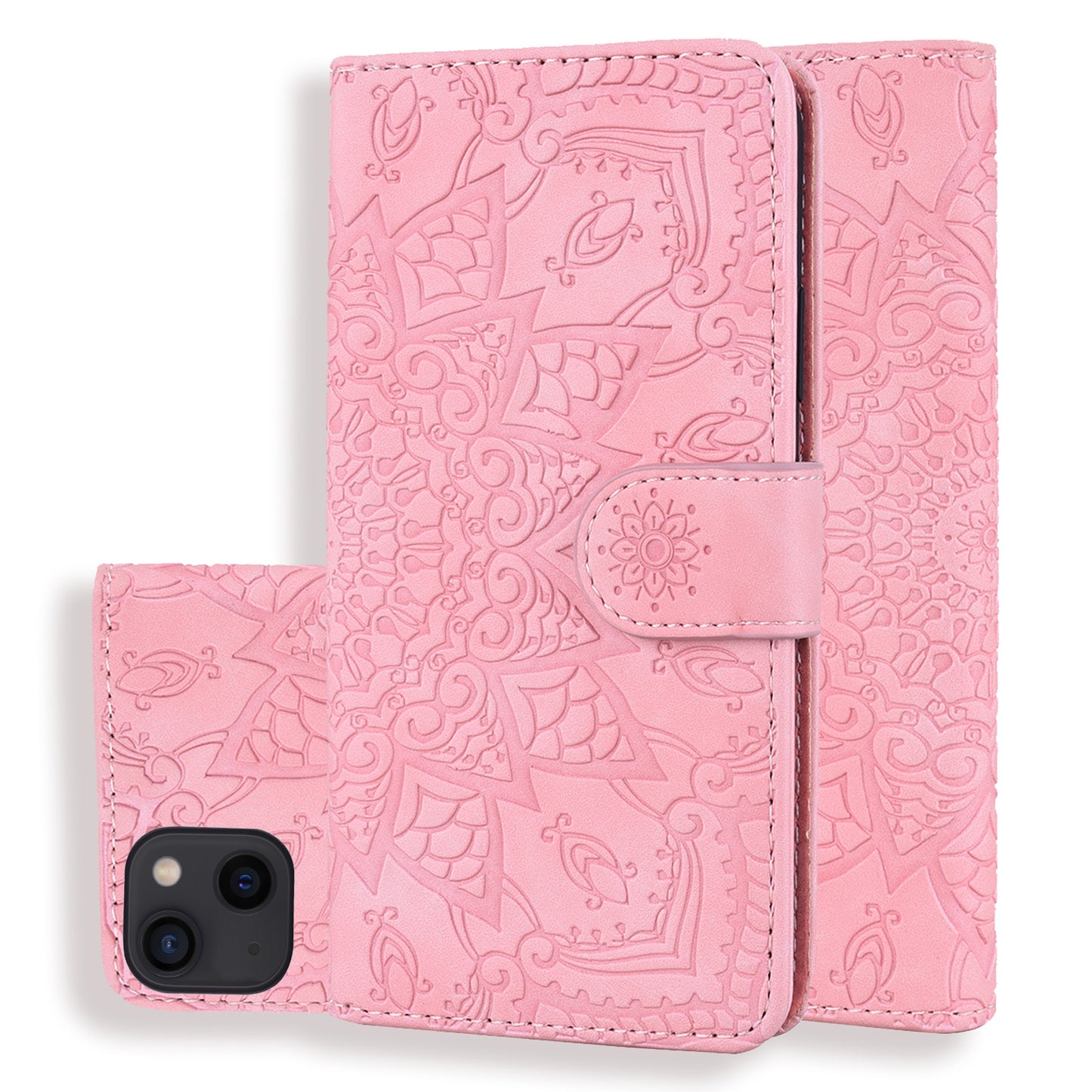 Double Hem iPhone 13 Mini Leather Case Embossing Sunflower Wallet Foldable Stand