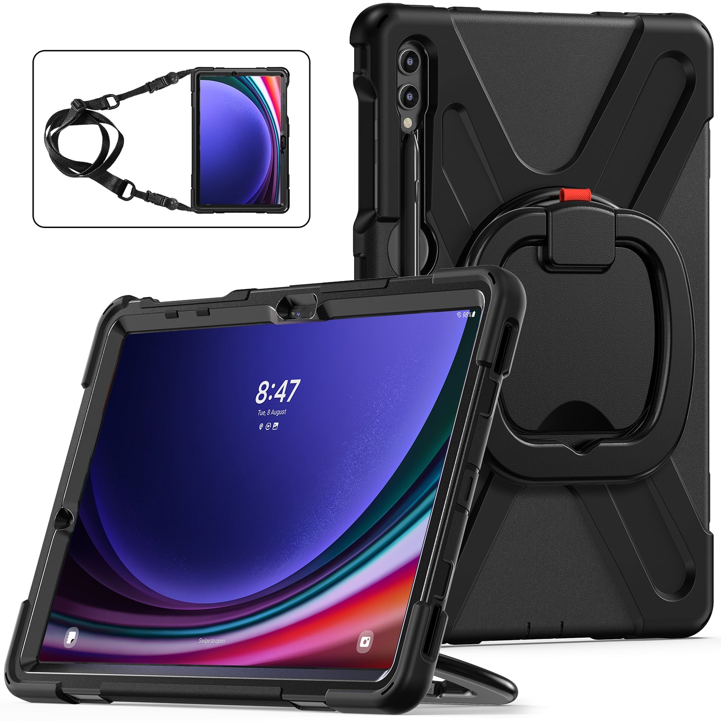 Pirate Box Galaxy Tab S9 FE+ Case Hook Stand Rotating Hand Holder Shoulder Strap