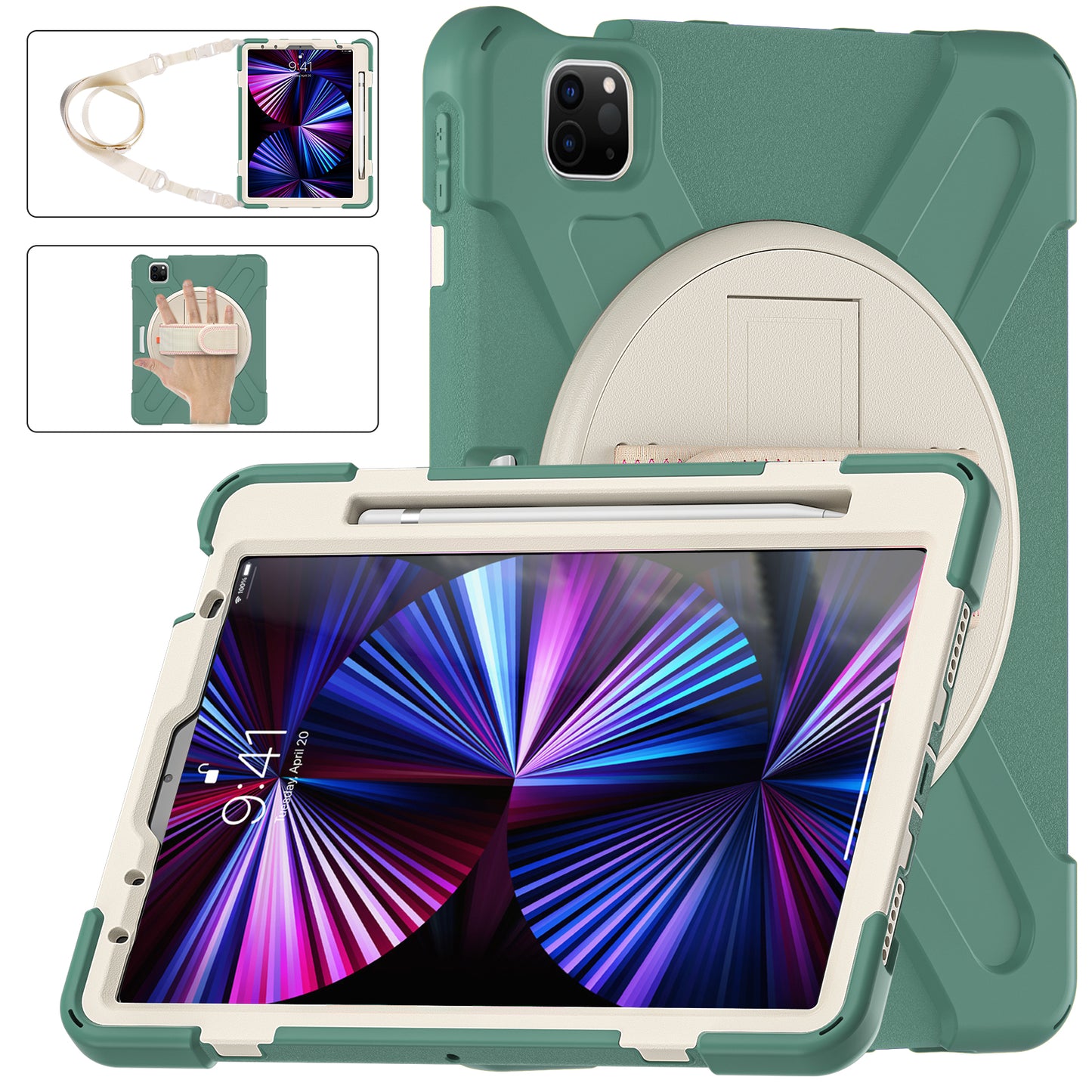 Pirate King iPad Pro 11 (2022) Case 360 Rotating Stand with Hand Holder Shoulder Strap