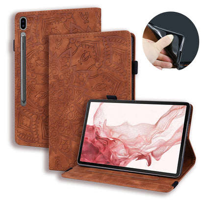 Double Hem Galaxy Tab S8+ Leather Case Embossing Sunflower Wallet Foldable Stand