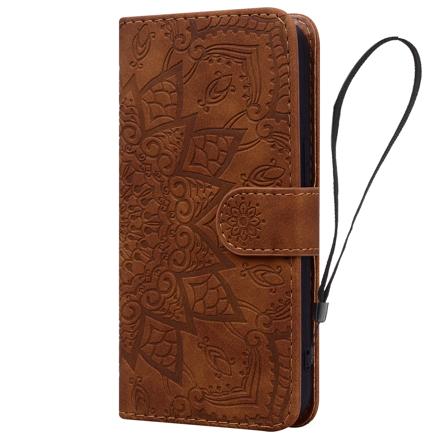 Double Hem iPhone 15 Leather Case Embossing Sunflower Wallet Foldable Stand