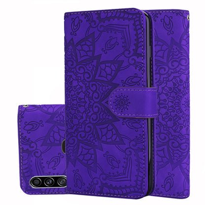 Double Hem Galaxy A20s Leather Case Embossing Sunflower Wallet Foldable Stand